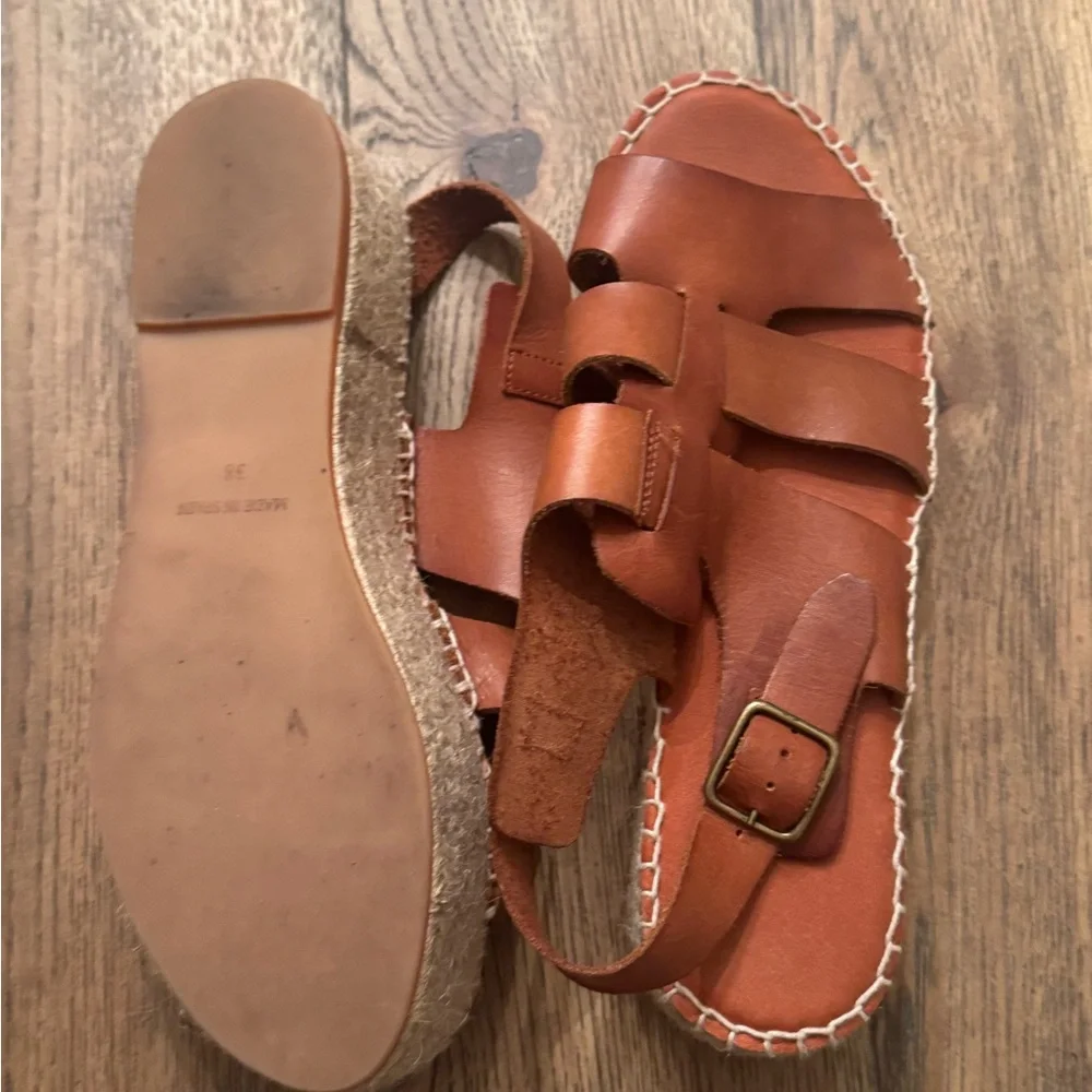 Anthropologie Tan Brown Leather Platform Espadrille Fisherman Sandals - 38/7.5